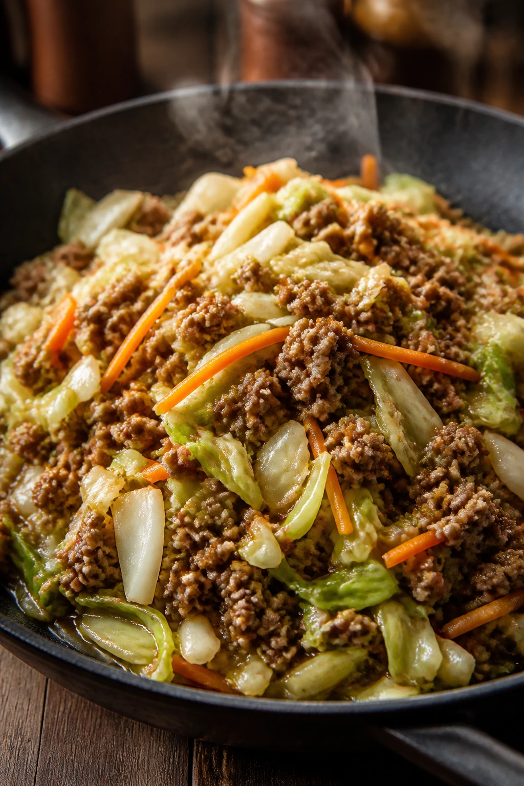 Pork and cabbage stir fry in a skillet with glossy glaze