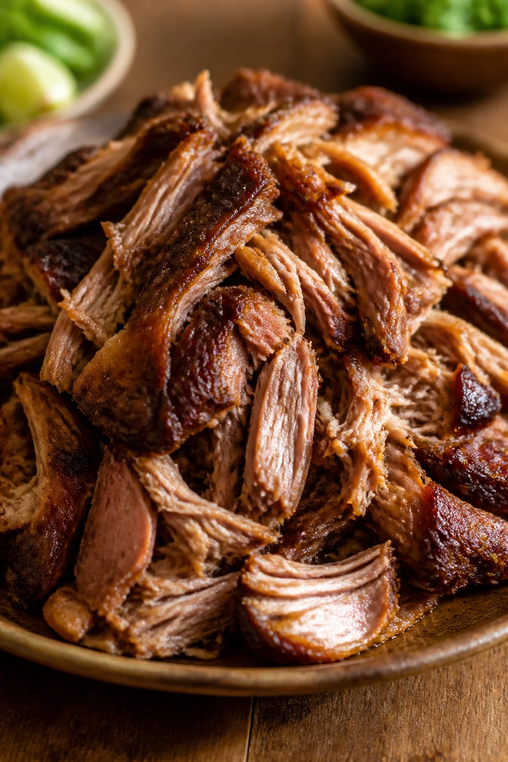 Shredded pork carnitas with crispy edges on a plate in a cozy kitchen