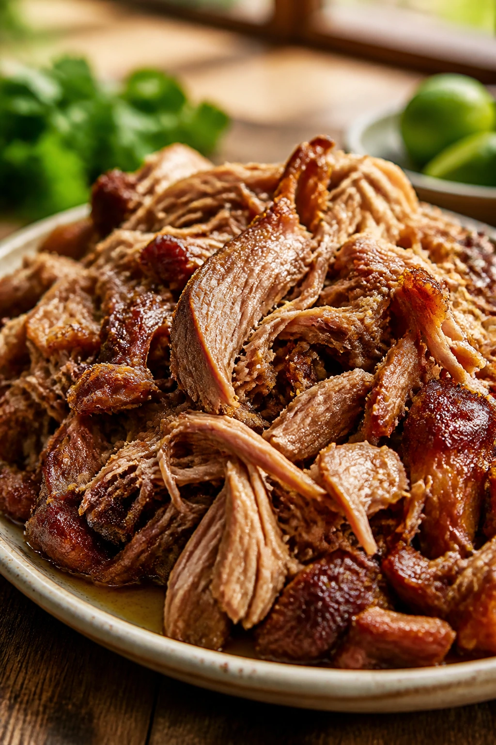 Pork carnitas on plate with crispy edges in warm kitchen