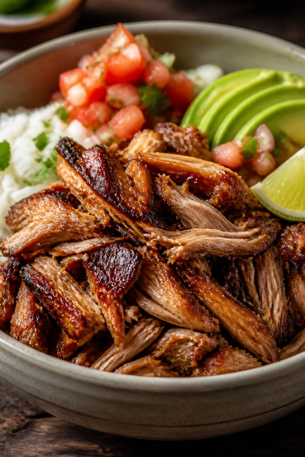Close-up of carnitas in a rustic bowl