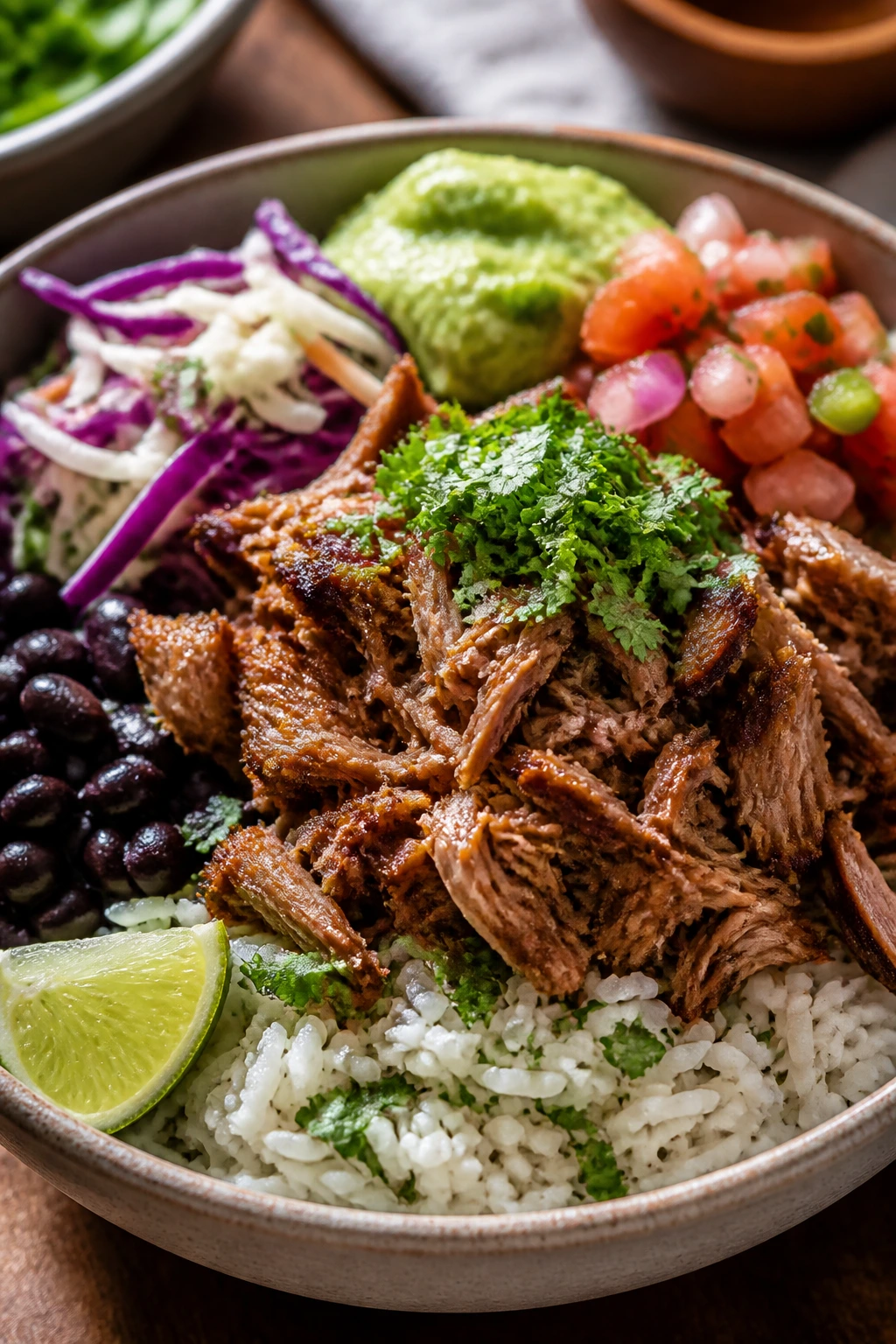 Bowl of pork carnitas burrito toppings with rice and beans