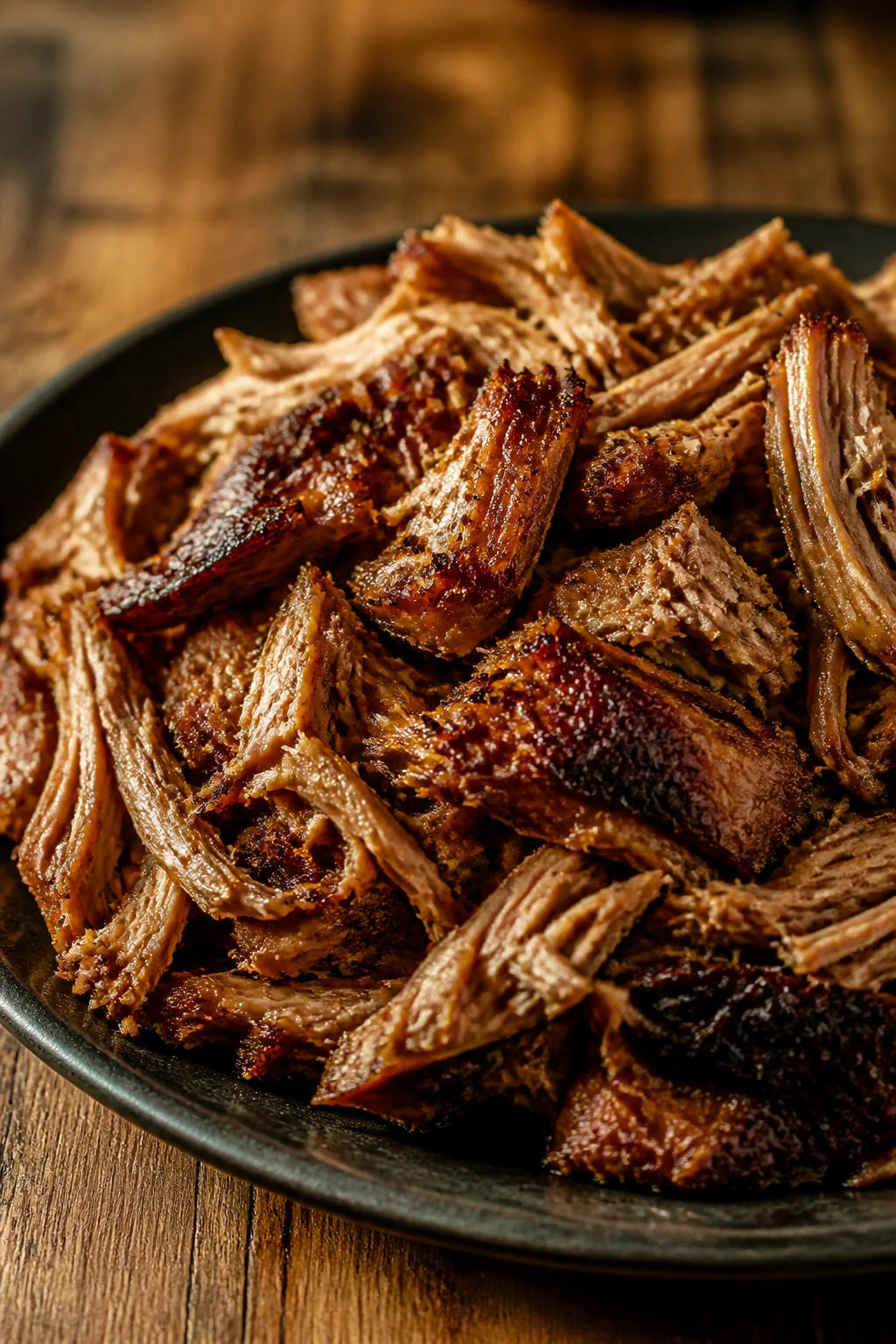 Shredded pork carnitas with crispy edges on a dark plate