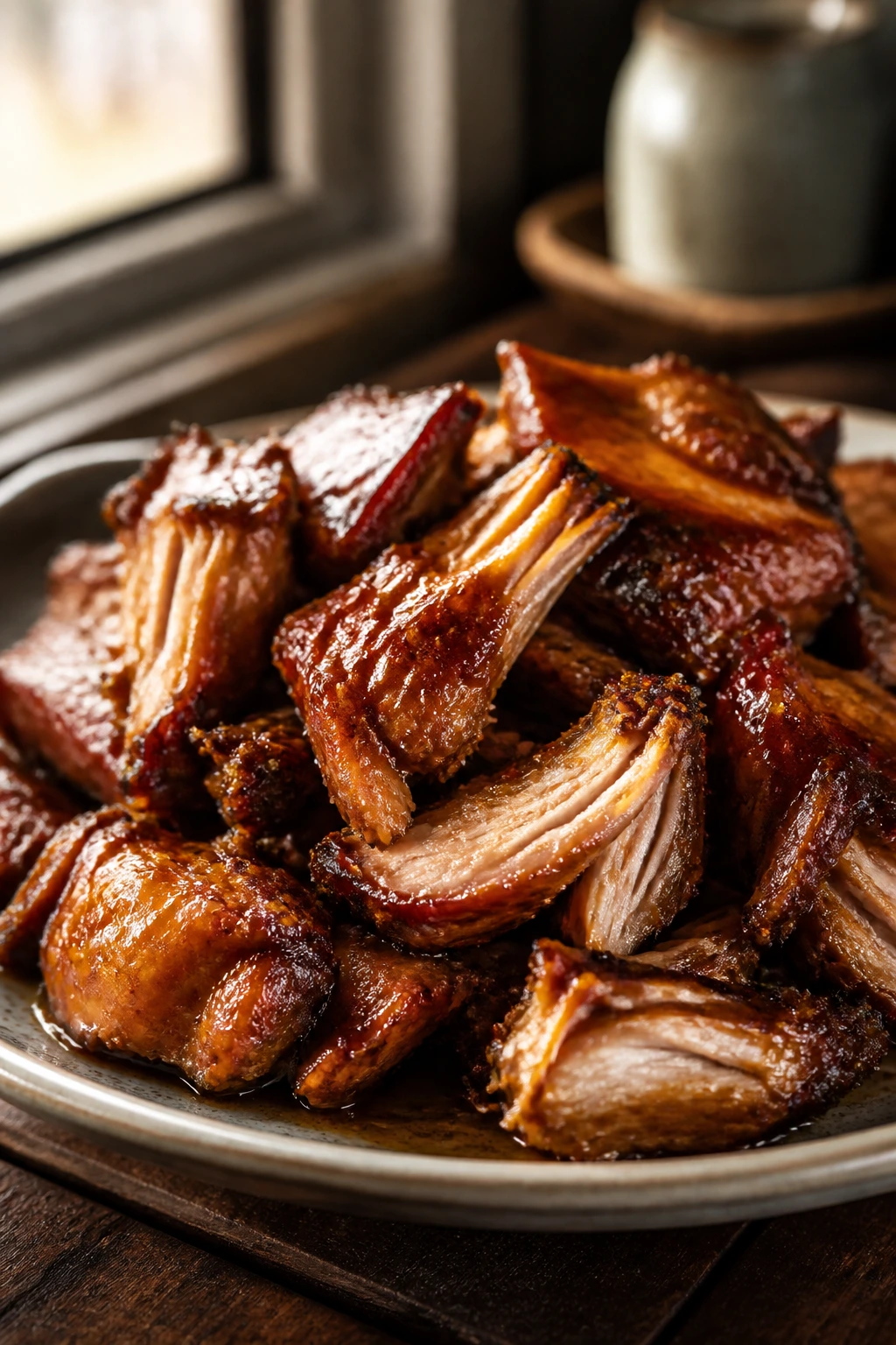 Close-up of glossy pork carnitas with caramelized edges on a rustic plate