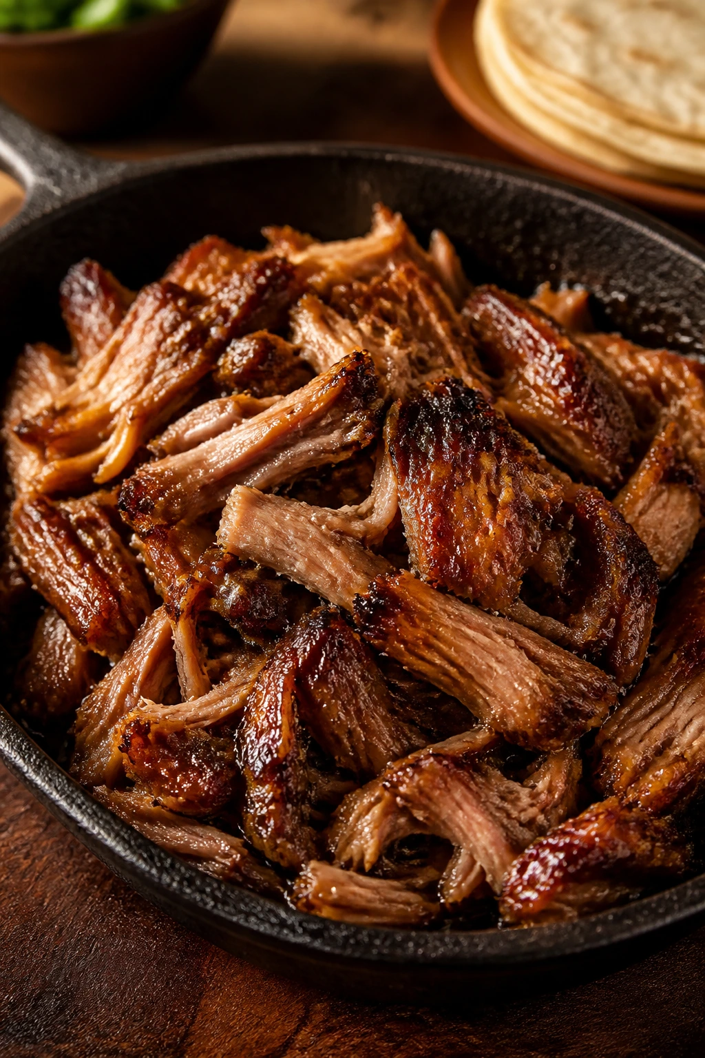 Close-up of glossy pork carnitas with a brown sugar glaze in a skillet
