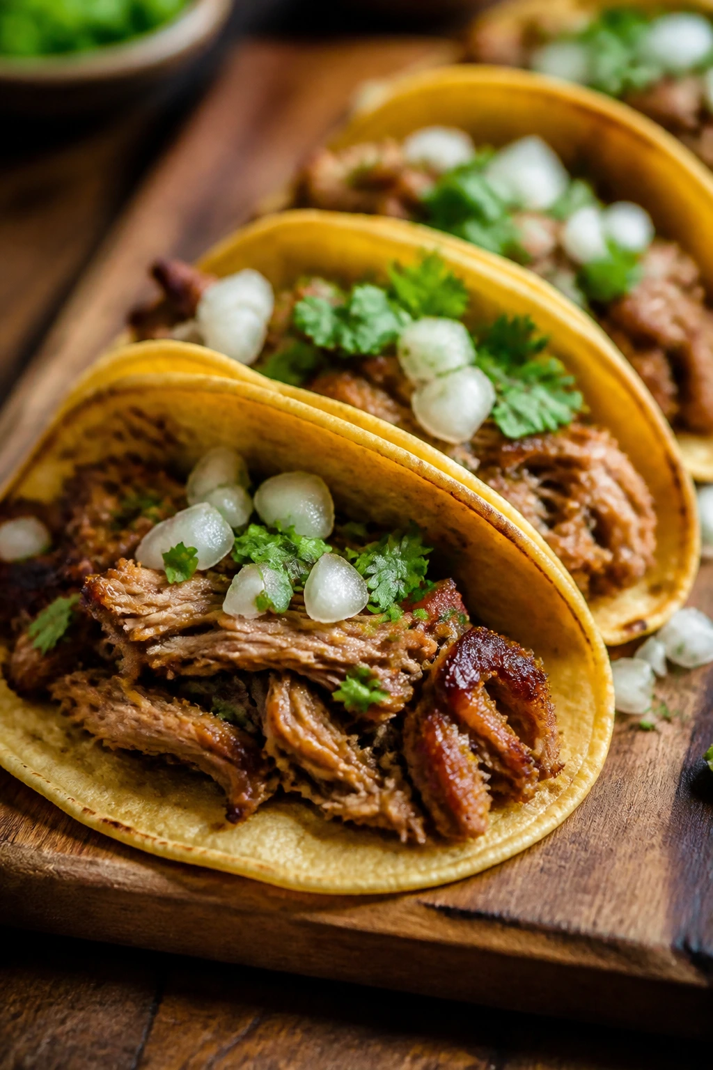 Close-up of pork carnitas tacos with onion and cilantro on a wooden board
