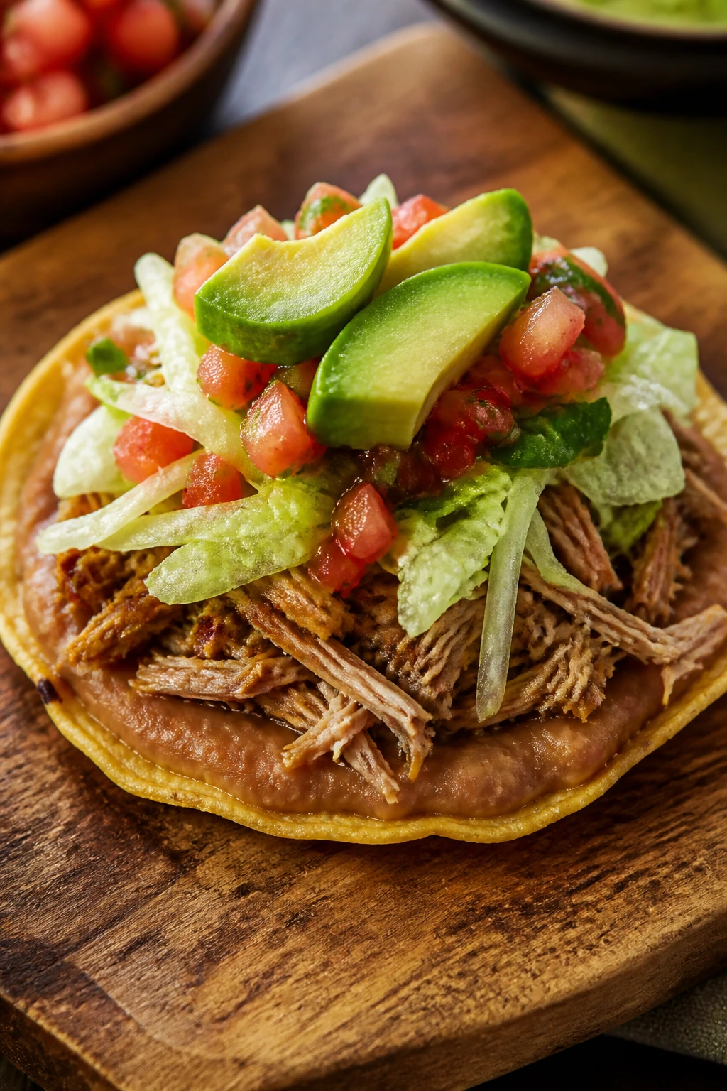 Close-up of a crispy pork carnitas tostada with beans, salsa, lettuce, and avocado on a wooden board