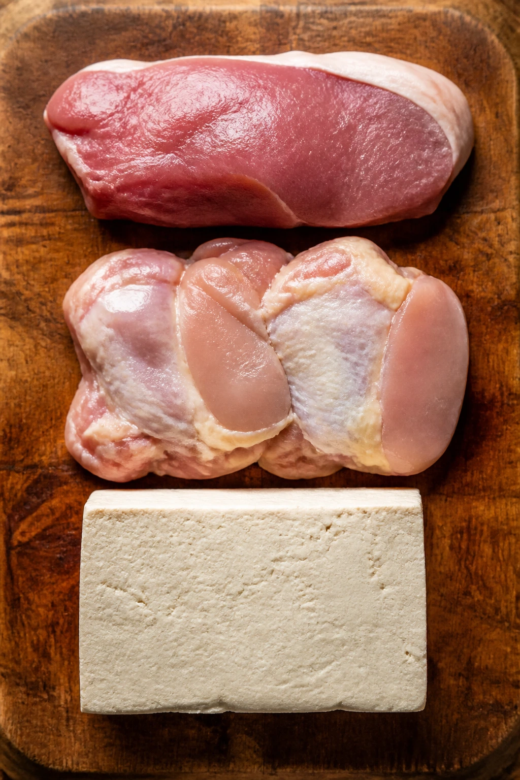 Raw pork, chicken, and tofu arranged on a cutting board