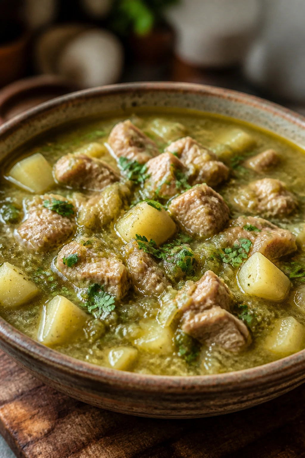 Bright green Pork Chile Verde Soup with Tomatillos and Potatoes in a bowl with pork and potatoes