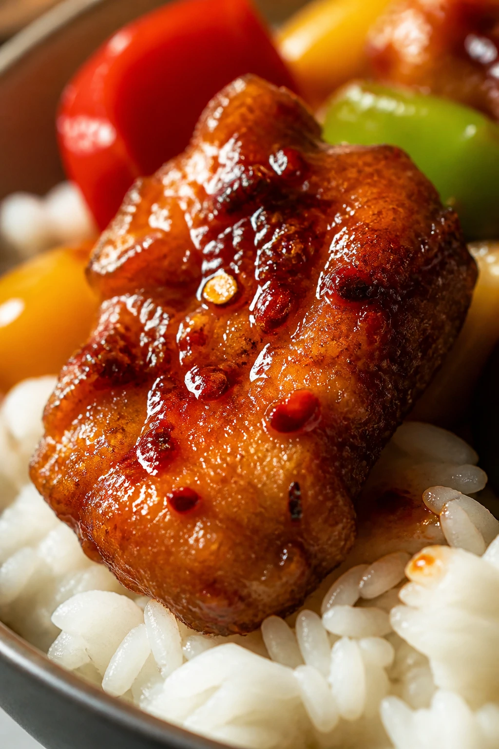 Pork with chili crisp glaze on rice