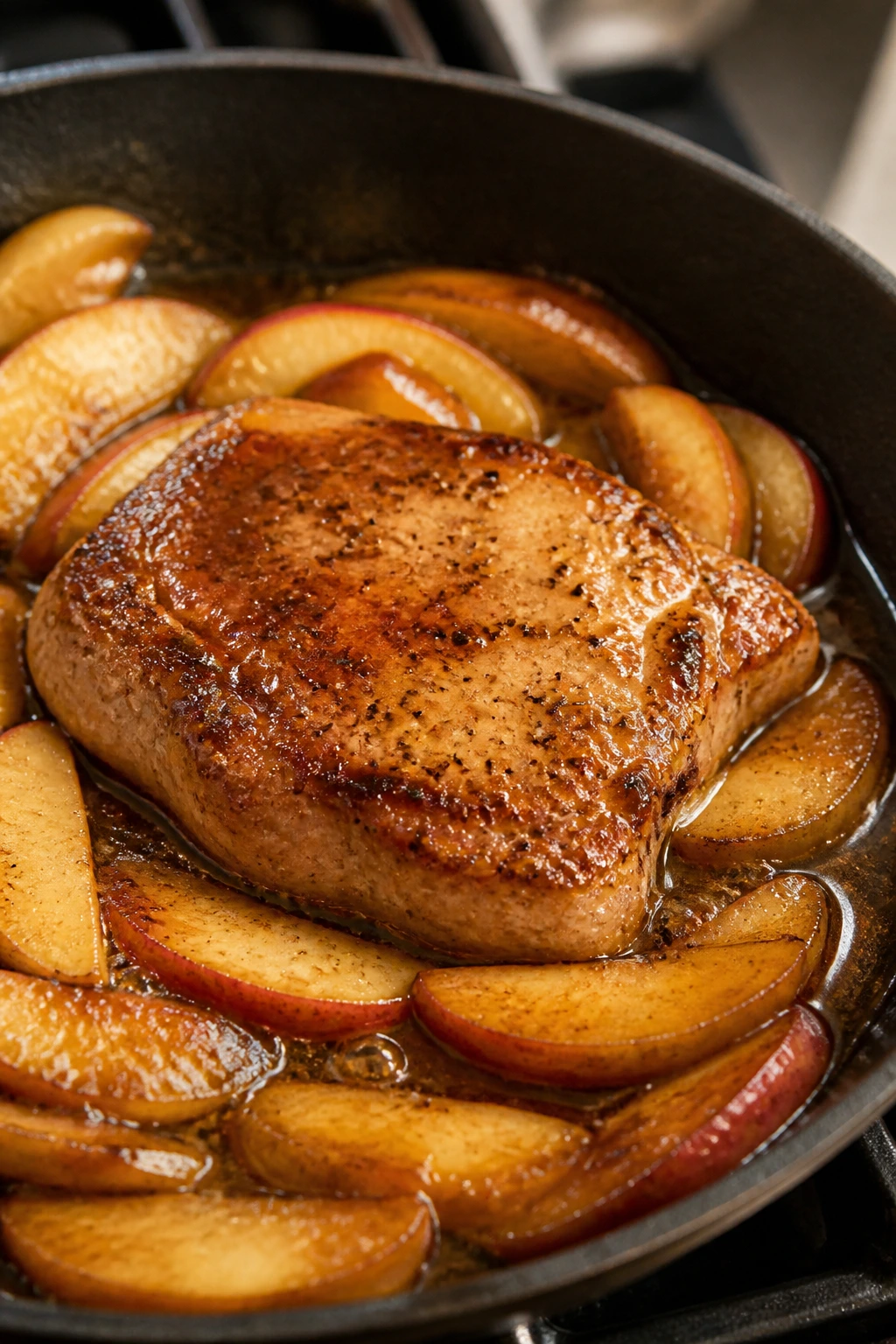 Close-up of a pork chop with apple slices in a skillet