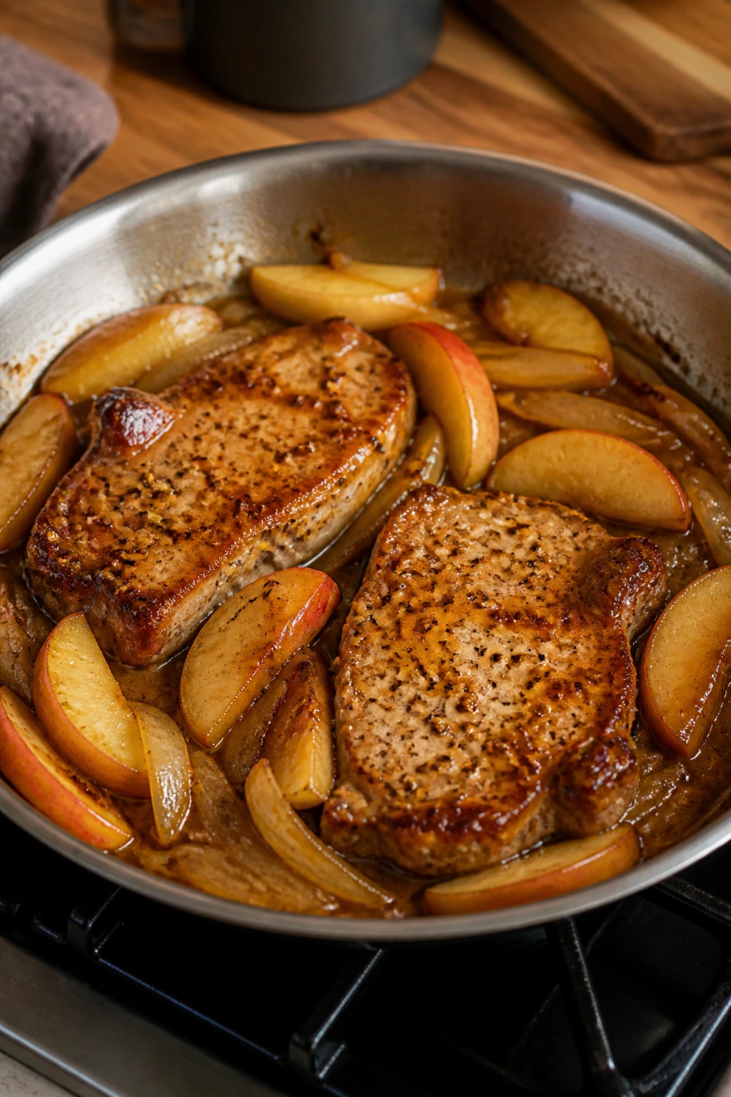 Close-up of pork chops with apples and onions in a skillet