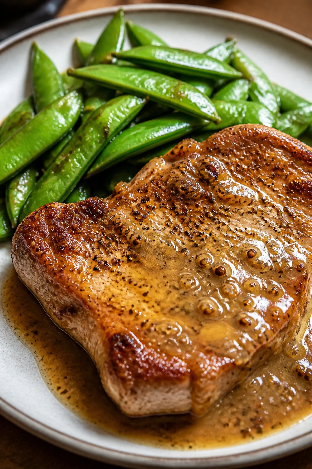 Seared pork chop with mustard sauce and snap peas