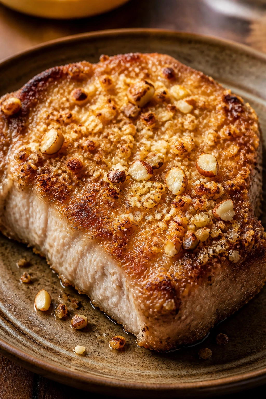 Close-up of almond-crusted pork chop on a rustic plate in warm kitchen light