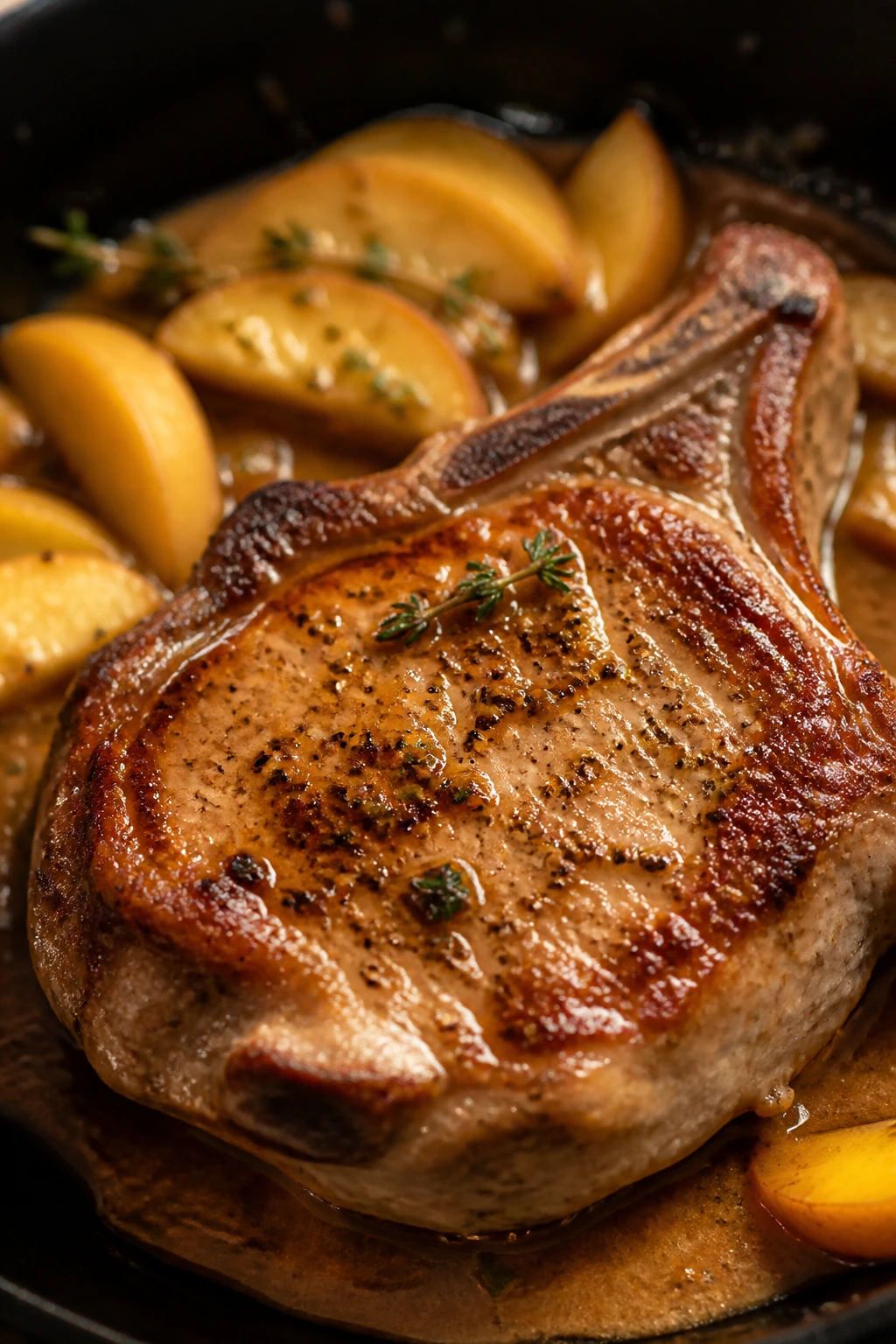 Close-up of a seared bone-in pork chop with apple pan sauce