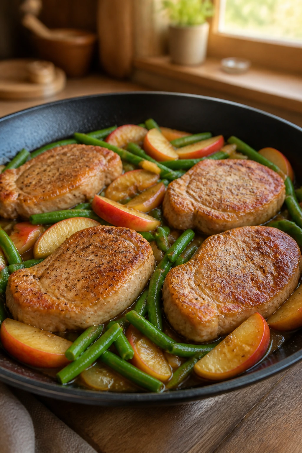 Close-up of skillet pork chops with apples and green beans in warm kitchen light
