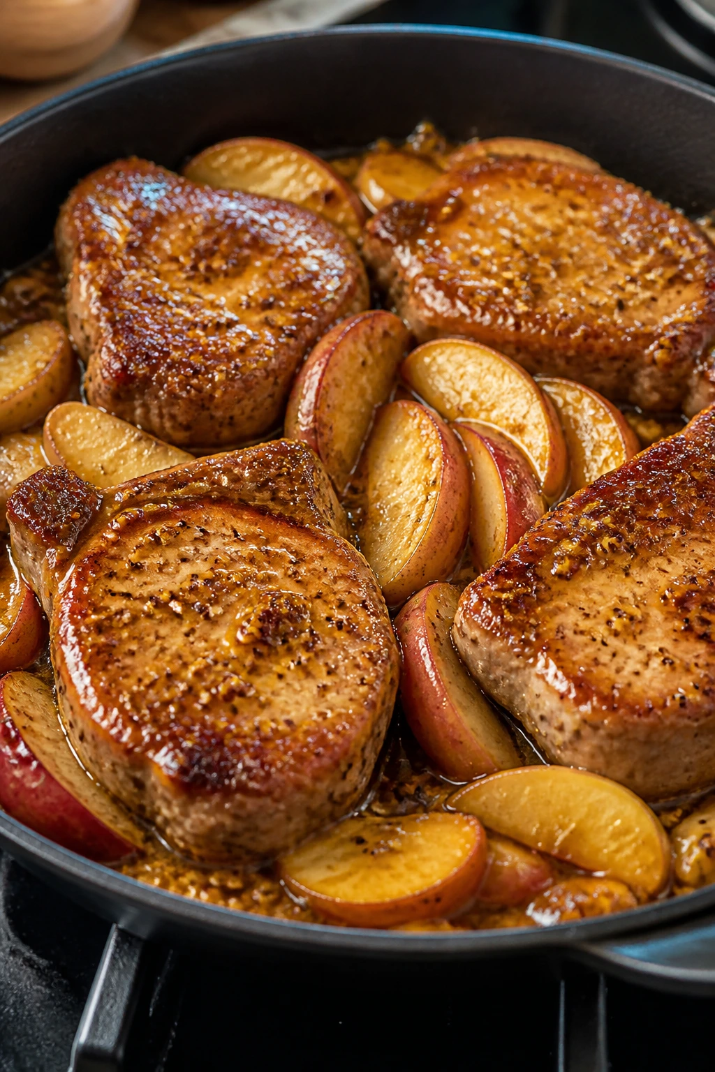 Skillet with honey mustard pork chops and apples in a warm kitchen