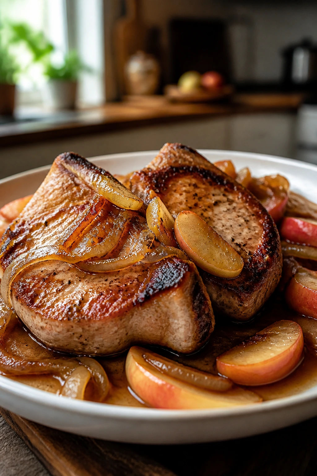 Plated pork chops with apples and onions in a warm kitchen