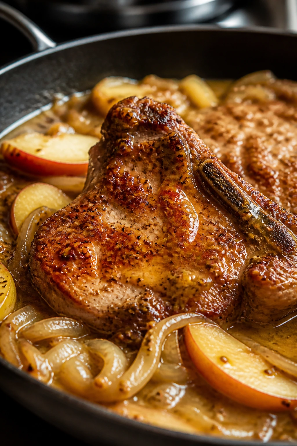 Close-up of pork chop with apples, onions, and pan sauce.