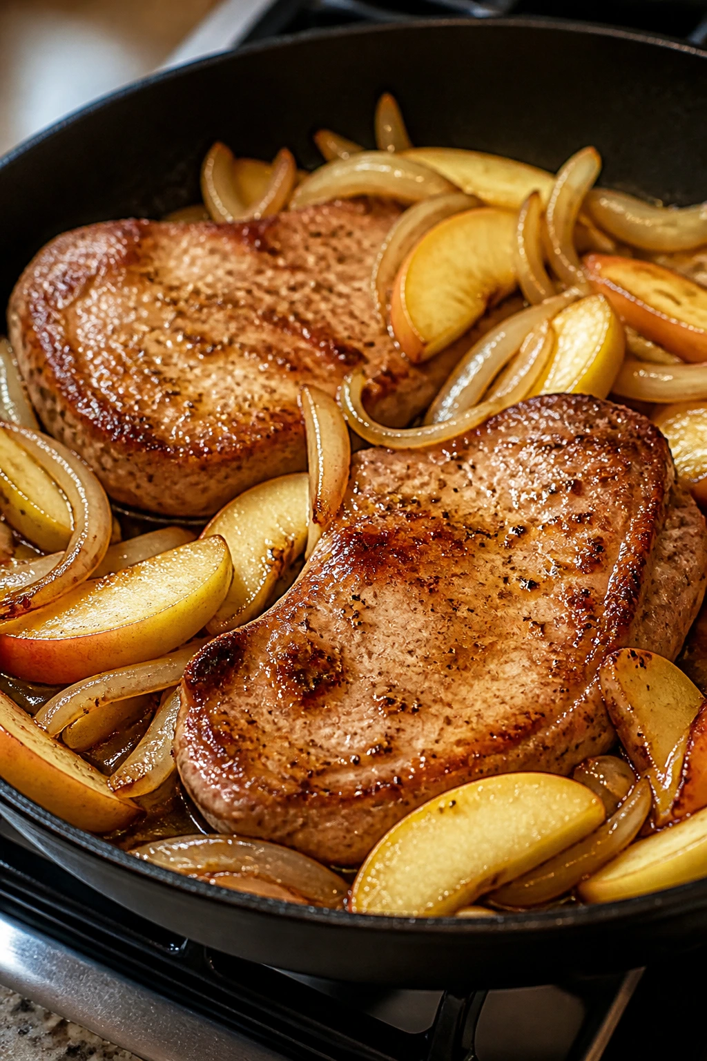 Pork chops cooking with apples and onions in a skillet