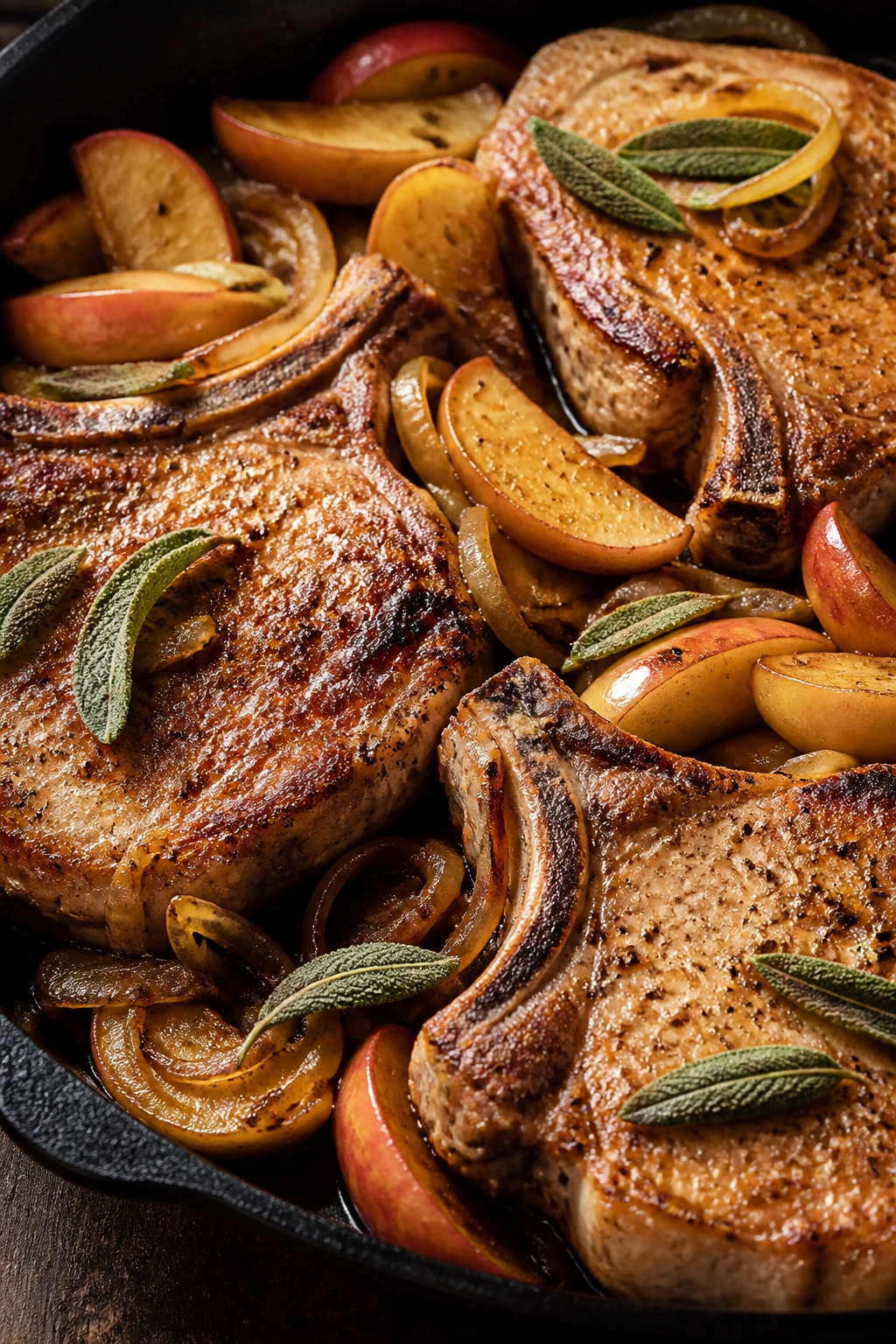 Close-up of pork chops with apples, onions, and sage in a skillet