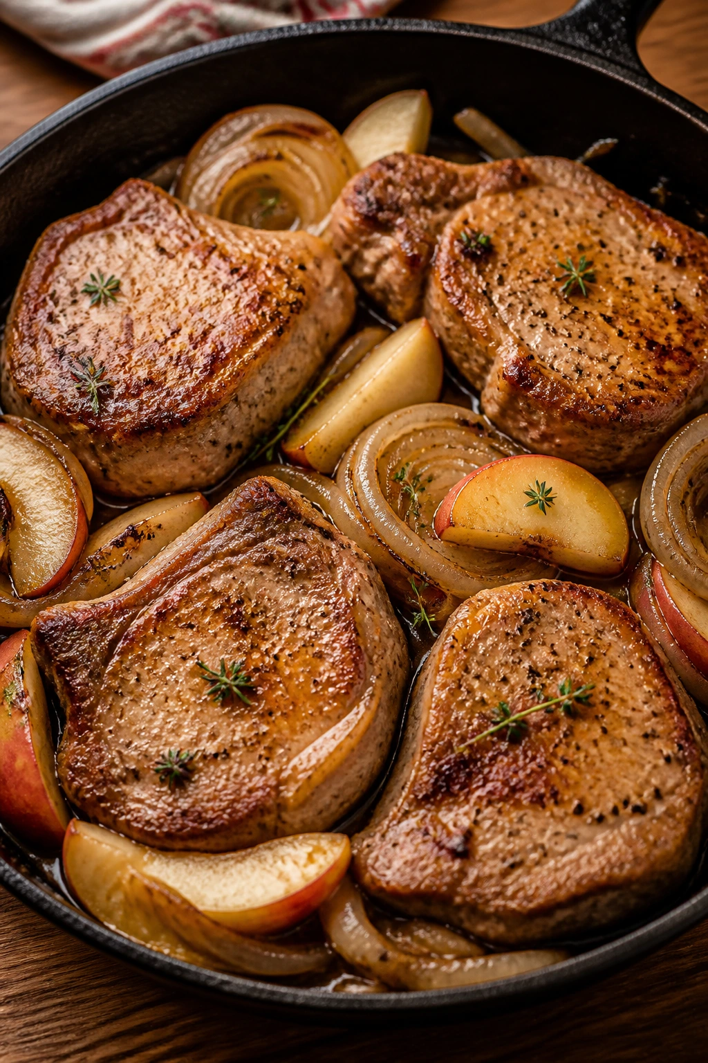 Skillet pork chops with apples and onions in glossy sauce