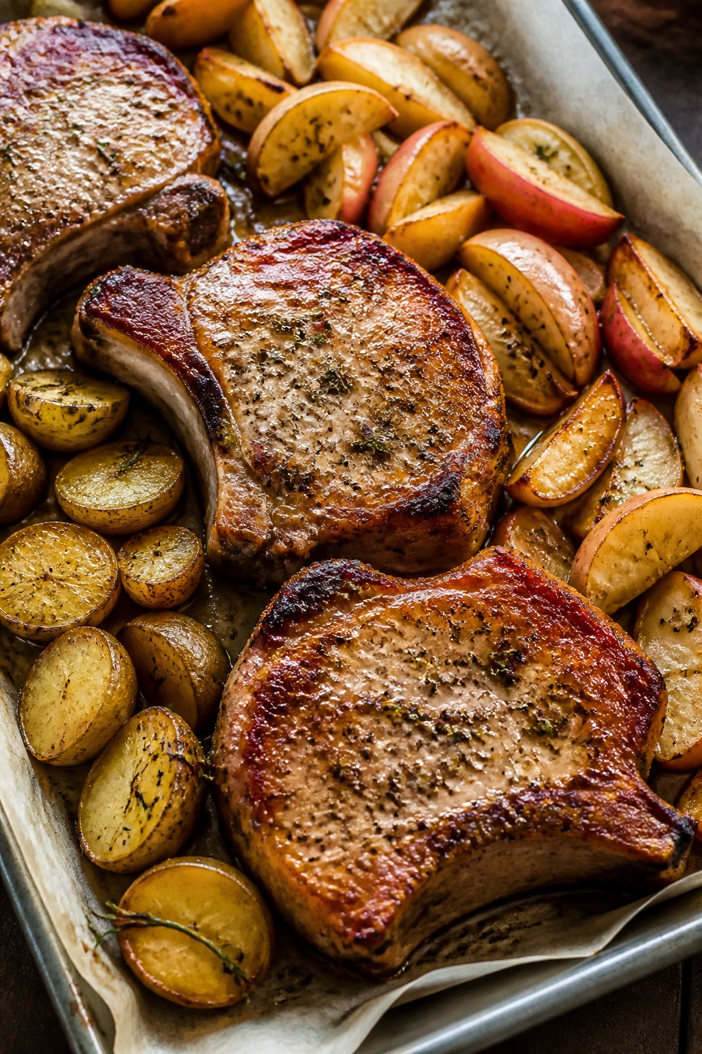 Roasted pork chops with apples and potatoes on sheet pan