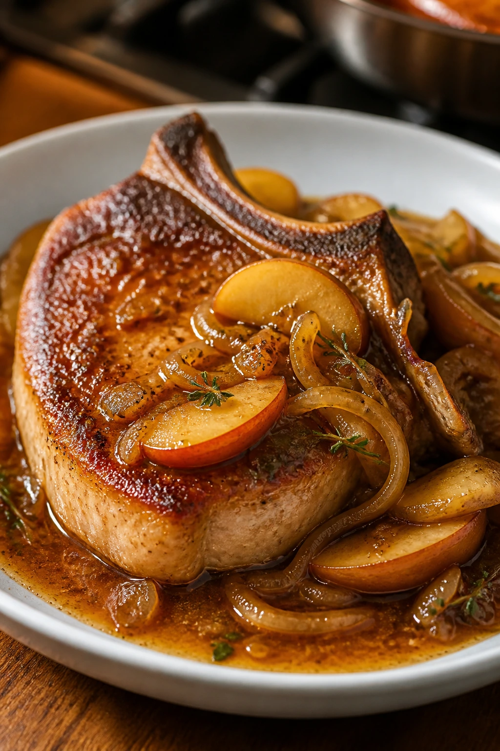 Pork chop with apple-onion pan sauce and honey glaze