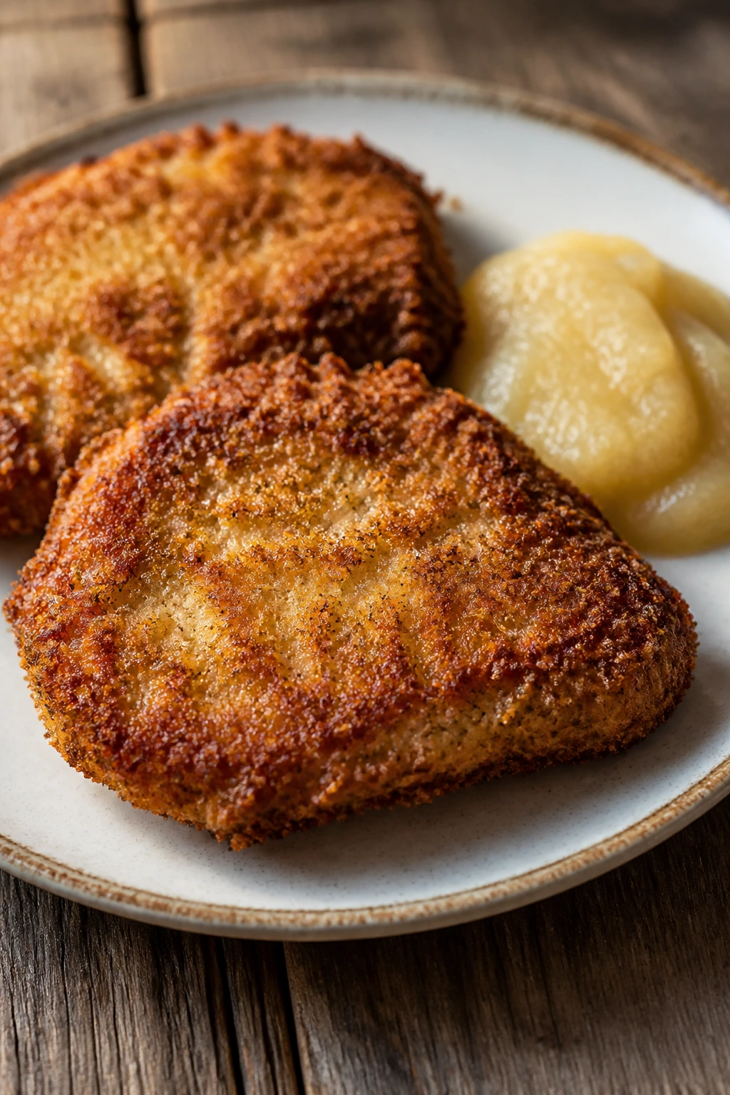 Parmesan crusted pork chops with applesauce on the plate