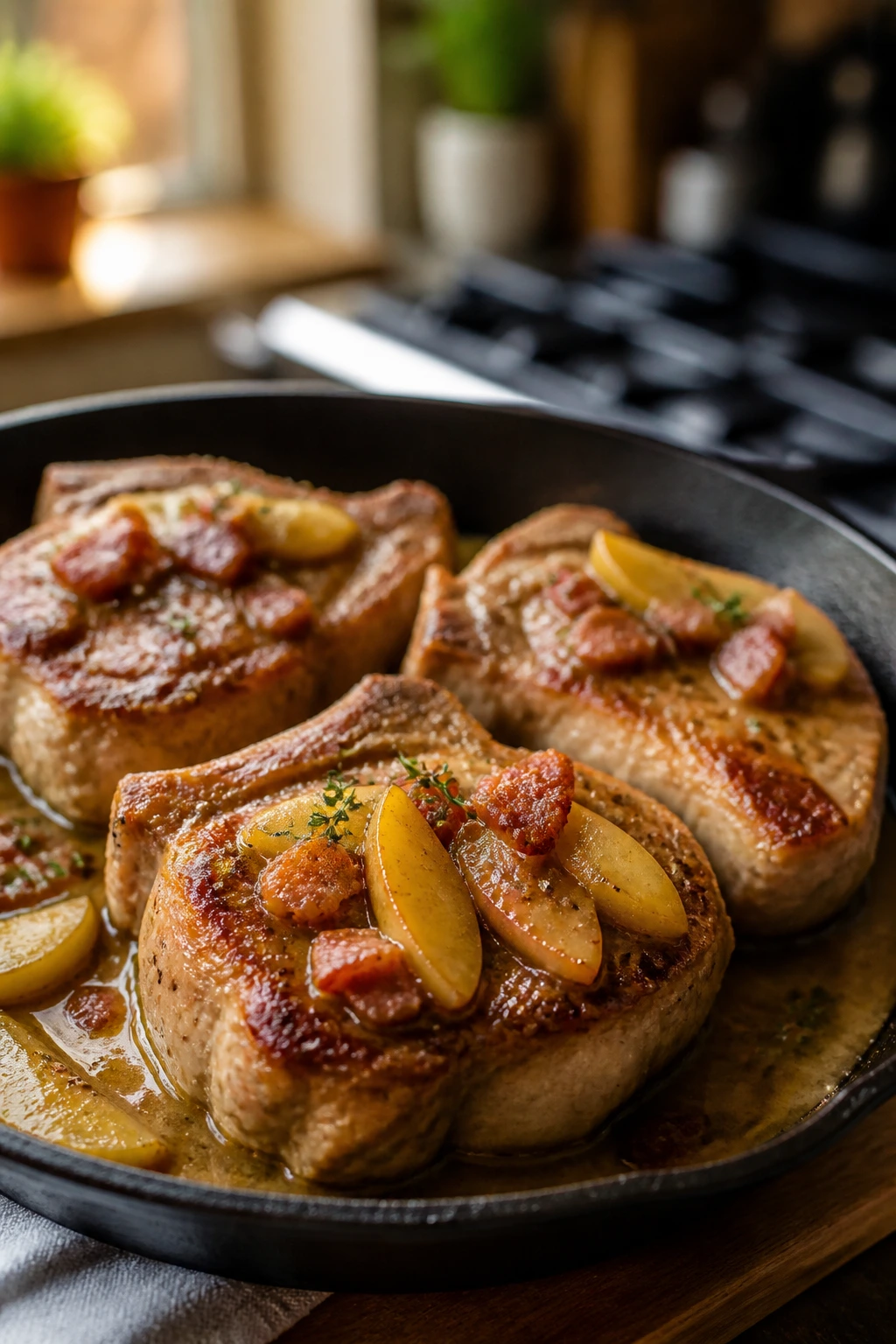 Bone-in pork chops in a skillet with apple pan sauce