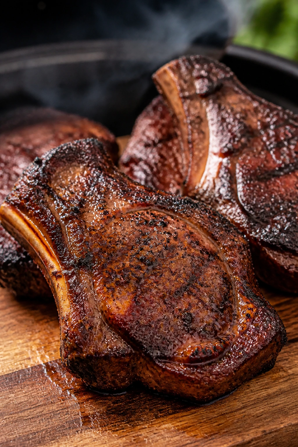 Close-up pork chops with smoky crust on cutting board.