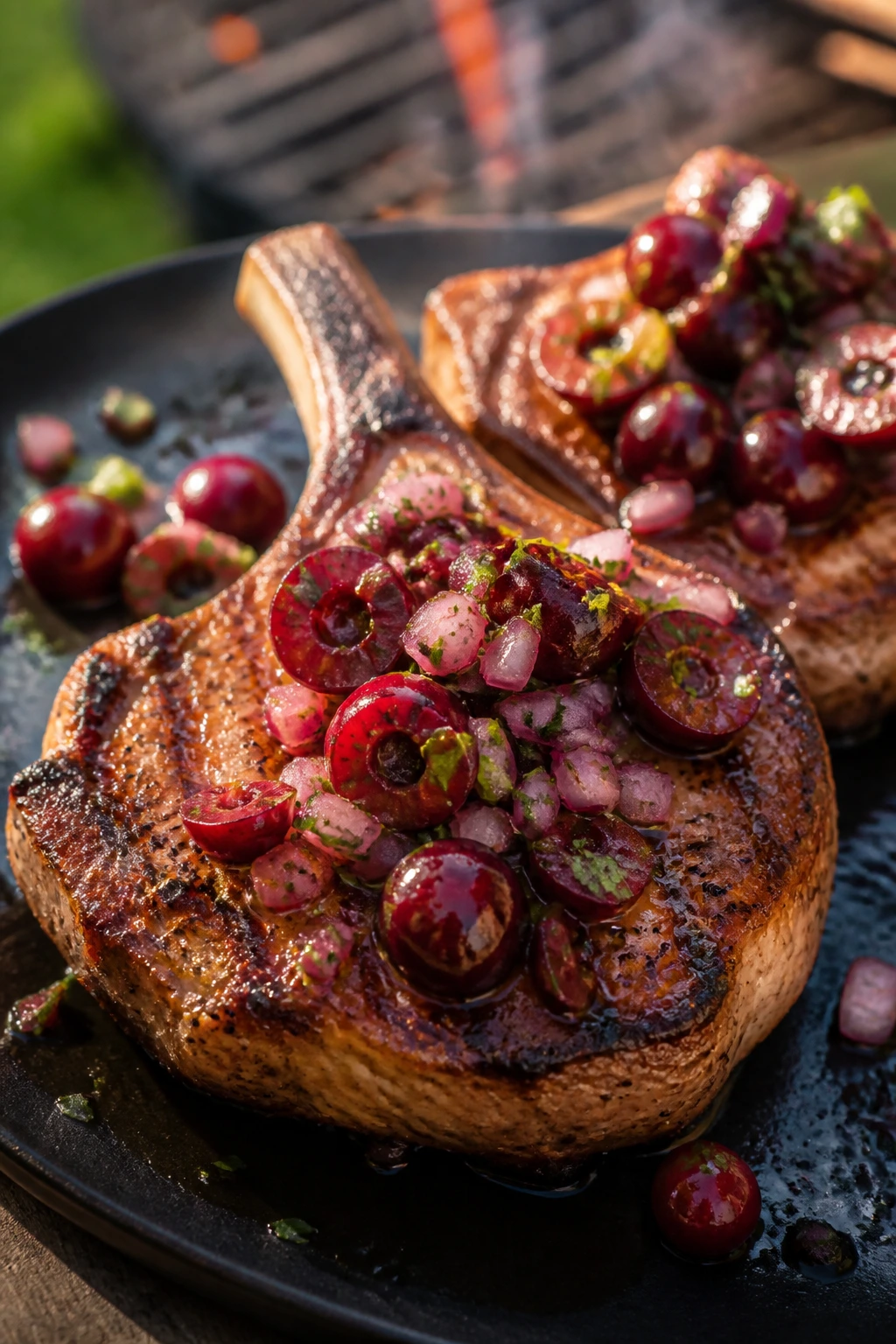 Close-up of grilled pork chops with cherry salsa on a dark plate