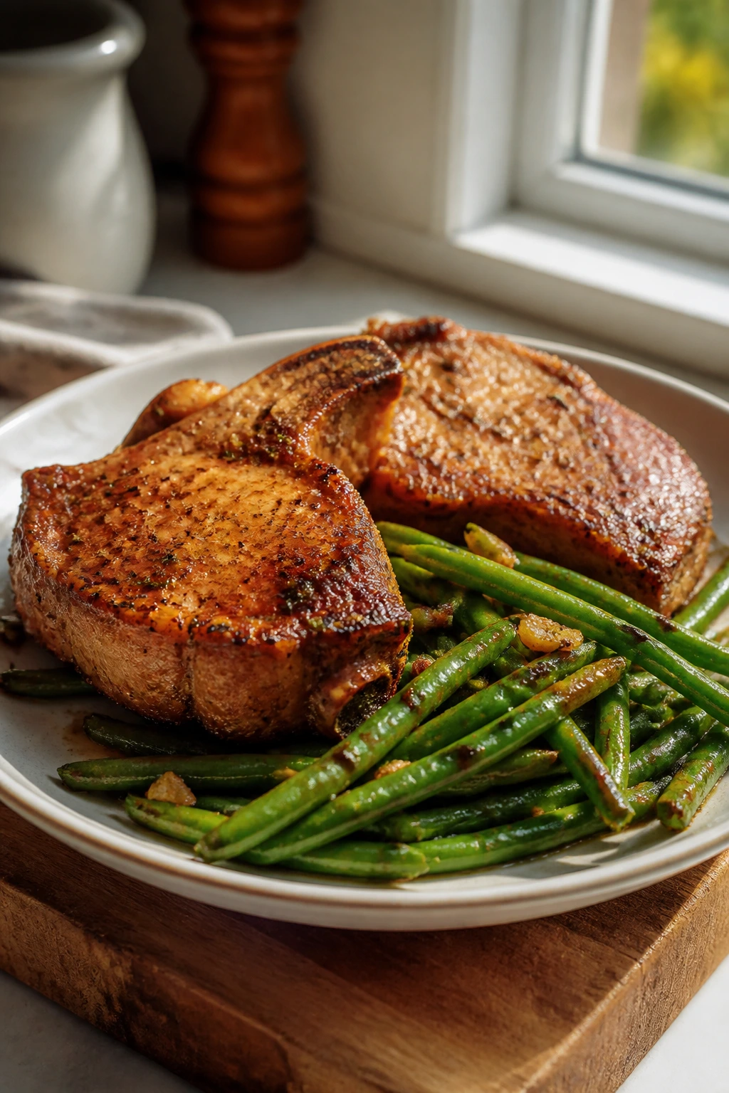 Close-up of pork chops with garlic green beans on a plate in a warm kitchen