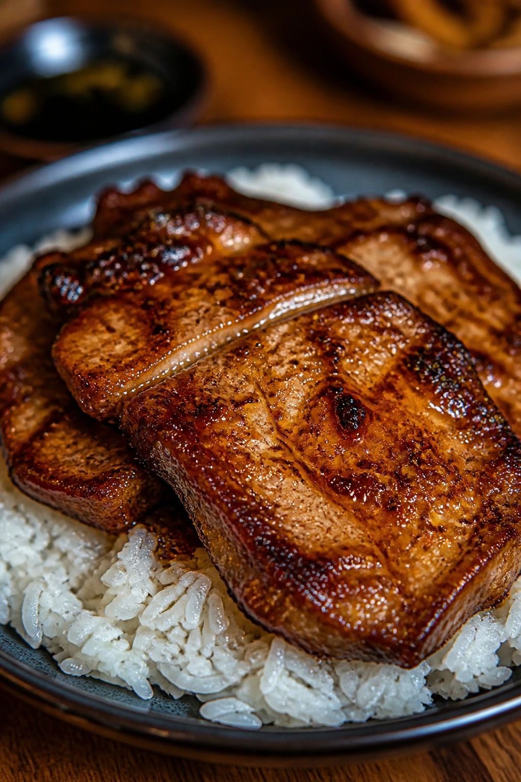 Close-up Five-Spice Pork Chops with Rice with glazed pork and rice