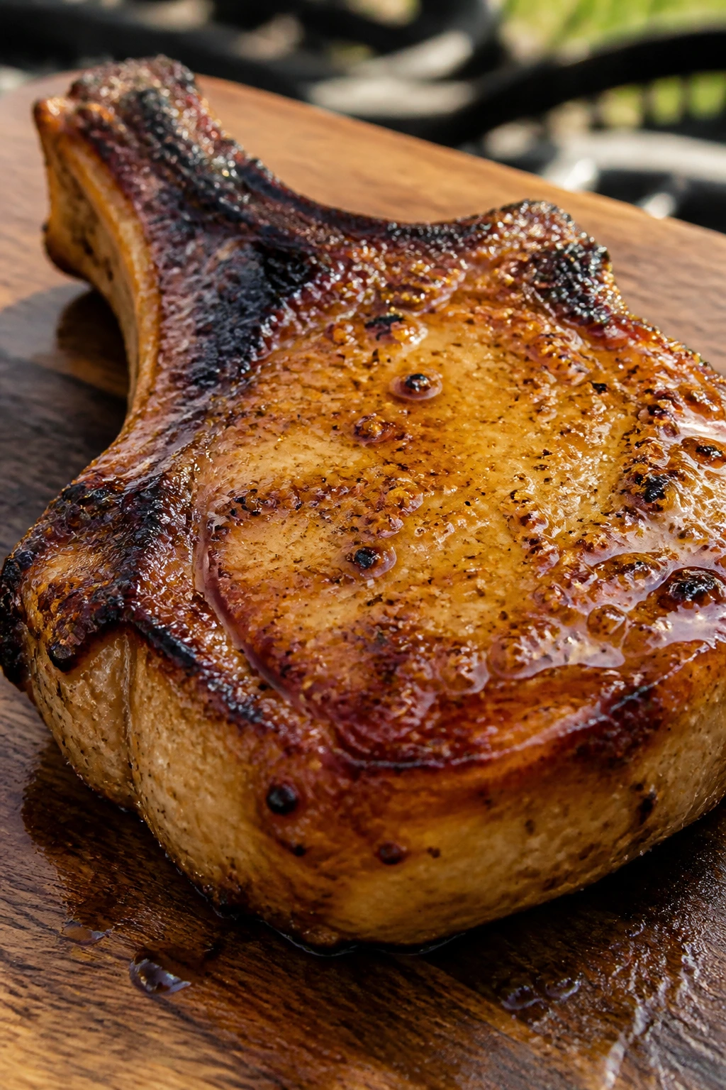 Bone-in pork chop with honey mustard glaze on wooden board outdoors