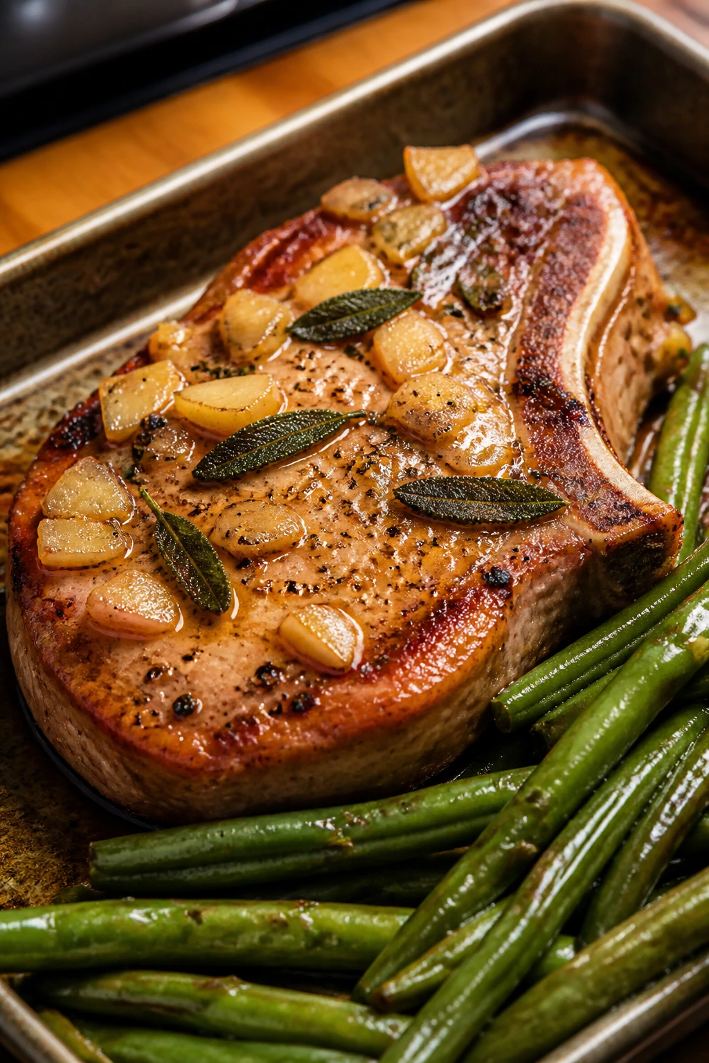 Bone-in pork chop with green beans on a plate with apple glaze