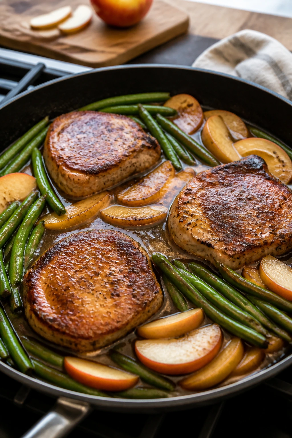 Close-up of skillet with seared pork chops, green beans, and apple slices on a stove