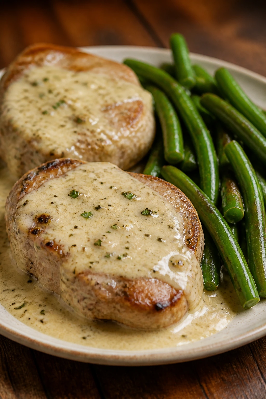 Pork chops with green beans in creamy sauce on plate