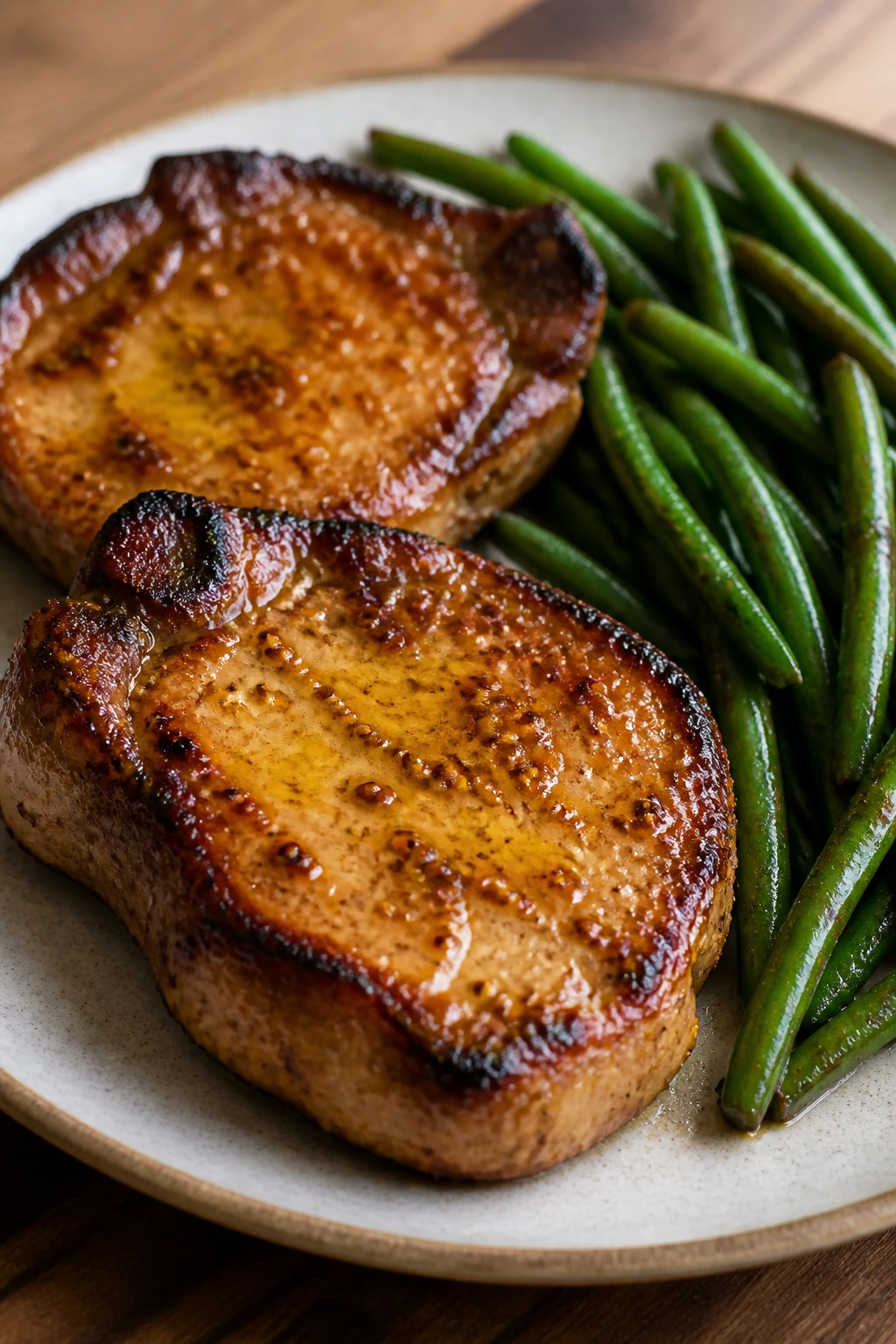 Pork chops with honey mustard glaze and green beans on a plate.