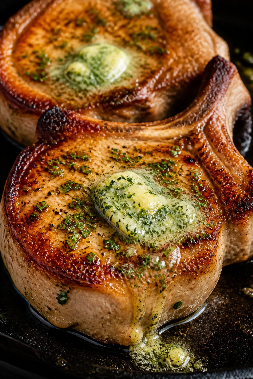 Pork chops with melted herb butter on grill