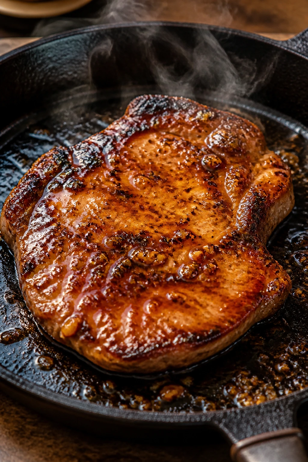 Close-up of a honey garlic glazed pork chop on a skillet