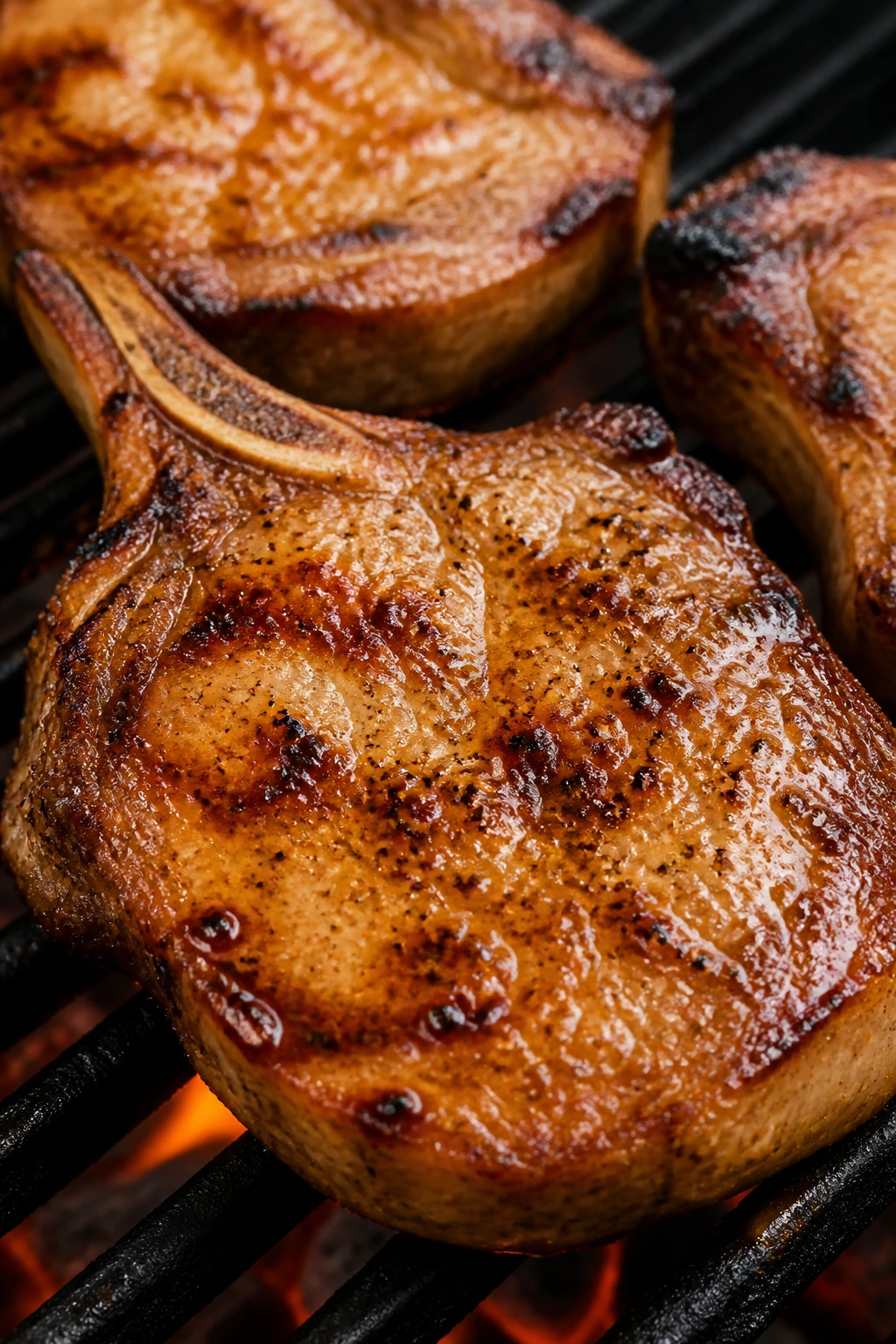 Pork chops with honey-mustard glaze on the grill