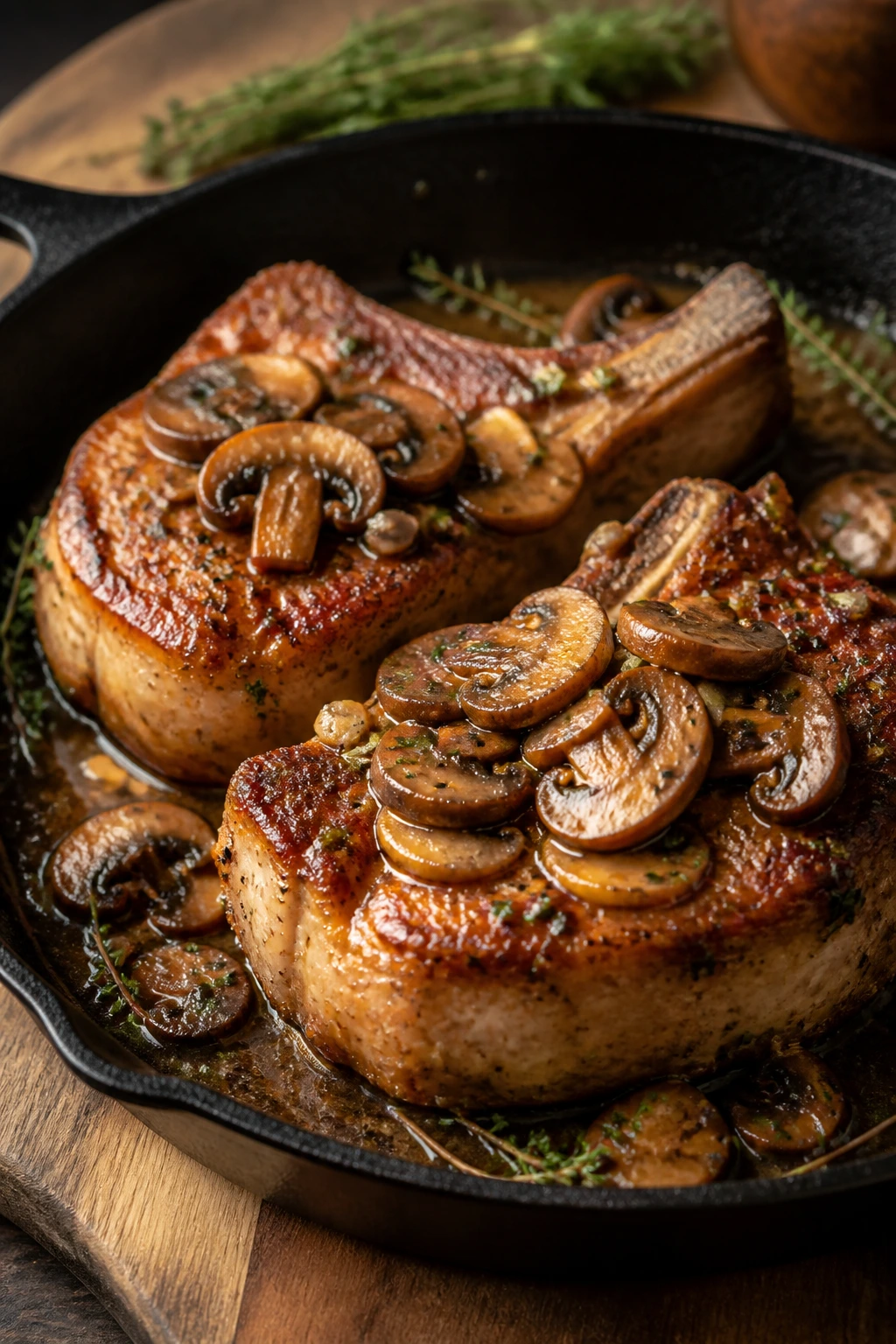 Juicy pork chops with mushroom pan sauce in a skillet