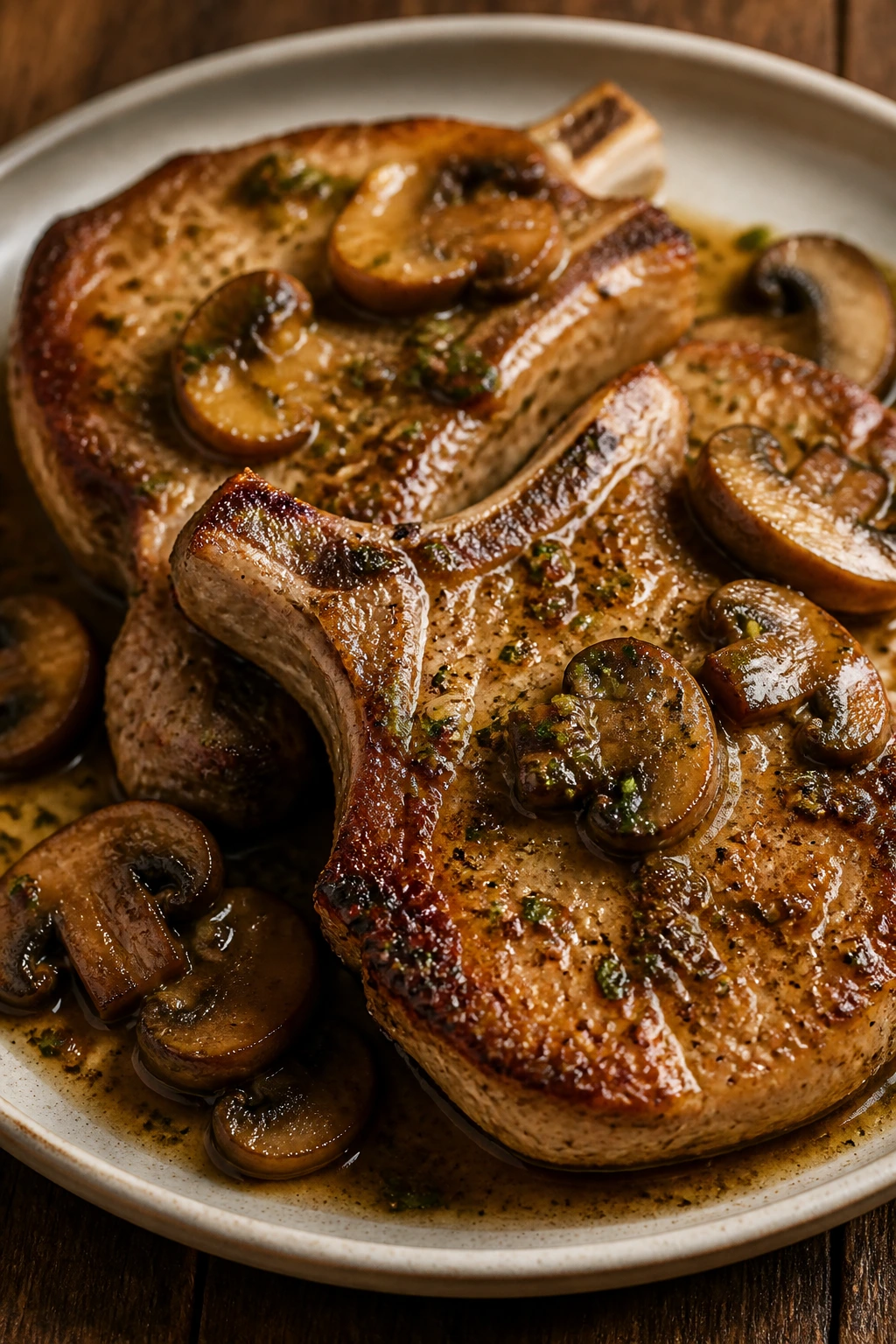 Pork chops with mushroom pan sauce on plate