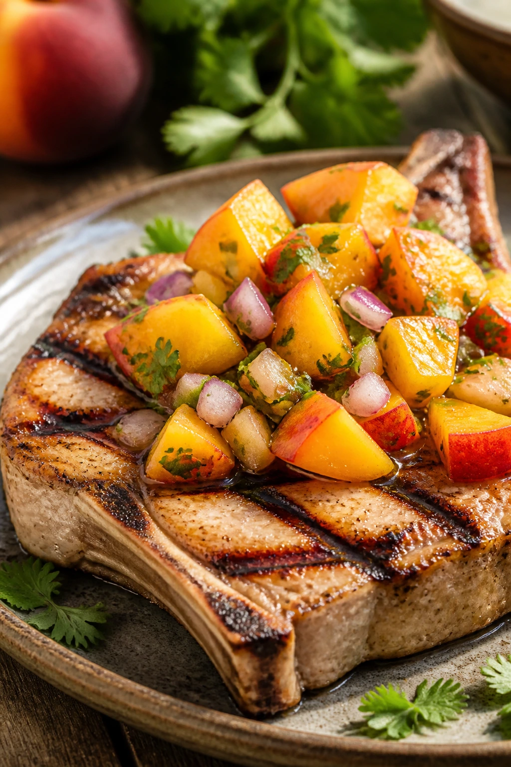 Bone-in pork chop with peach salsa on a rustic plate