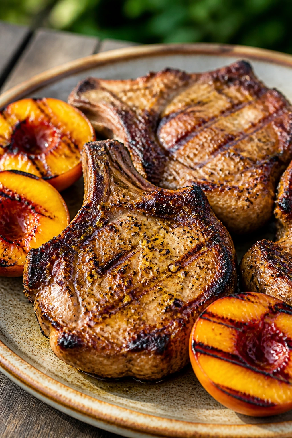 Pork chops with grilled peaches on a rustic plate