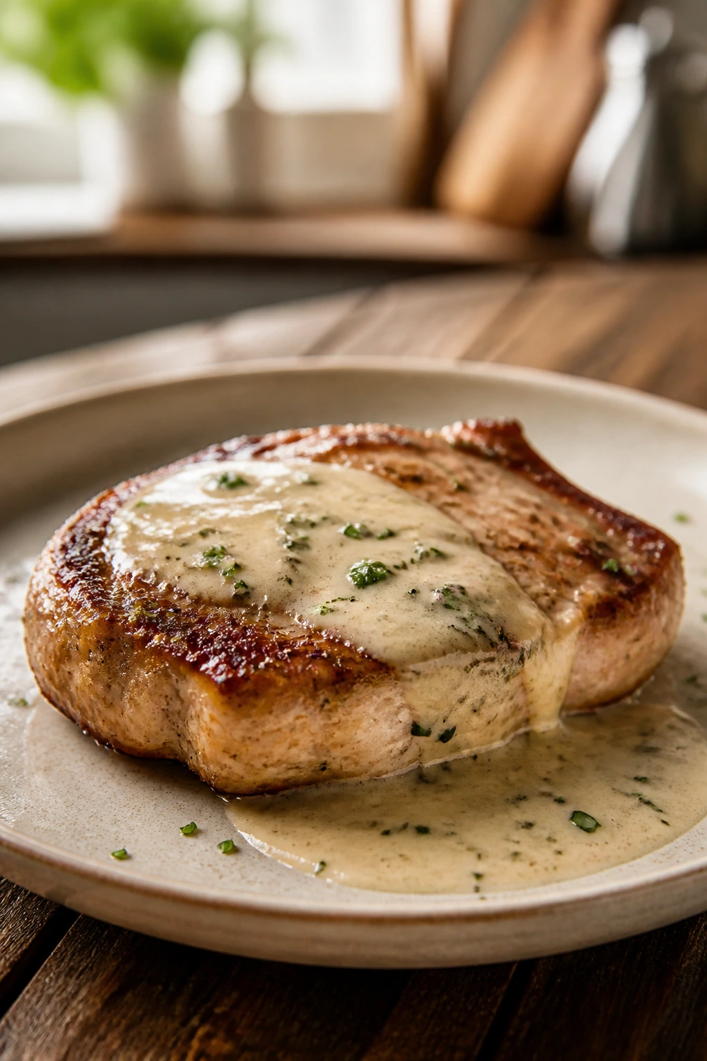 Pork chop with creamy ranch sauce on plate in a cozy kitchen