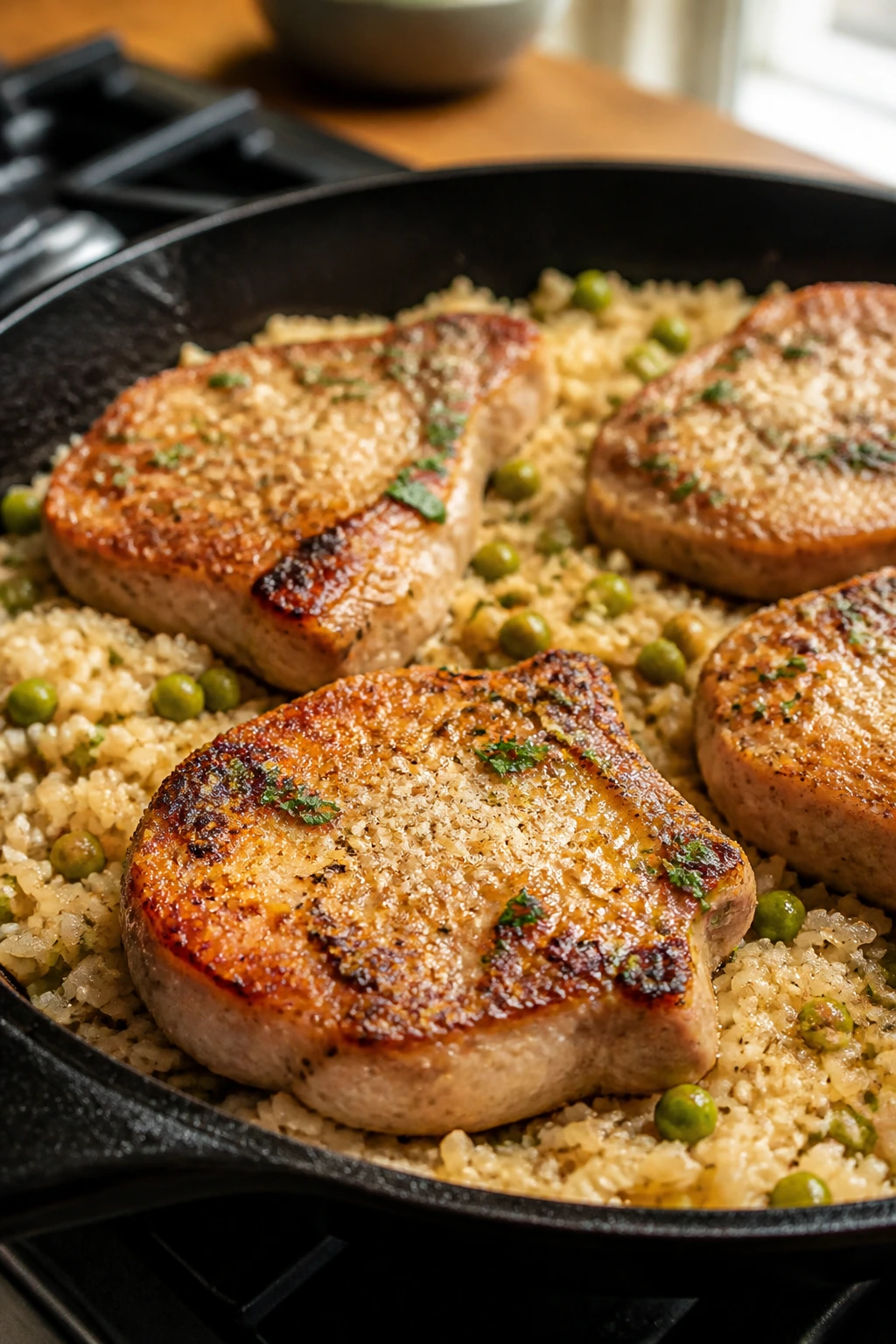 Cast-iron skillet with pork chops and rice