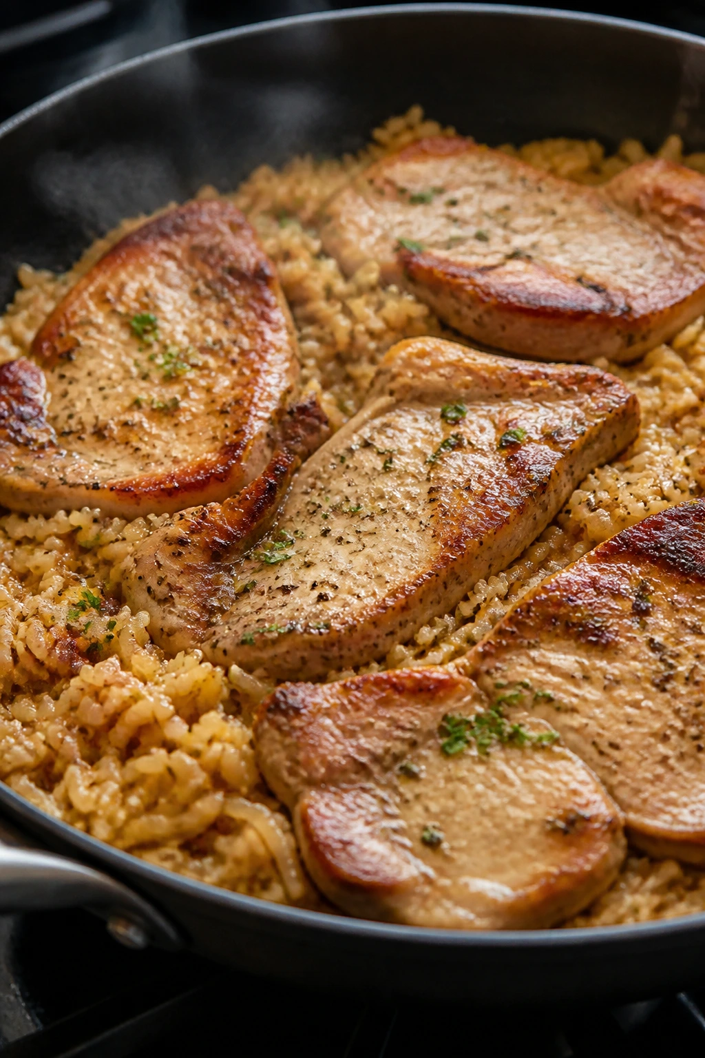Pork chops over rice in a skillet on a stove