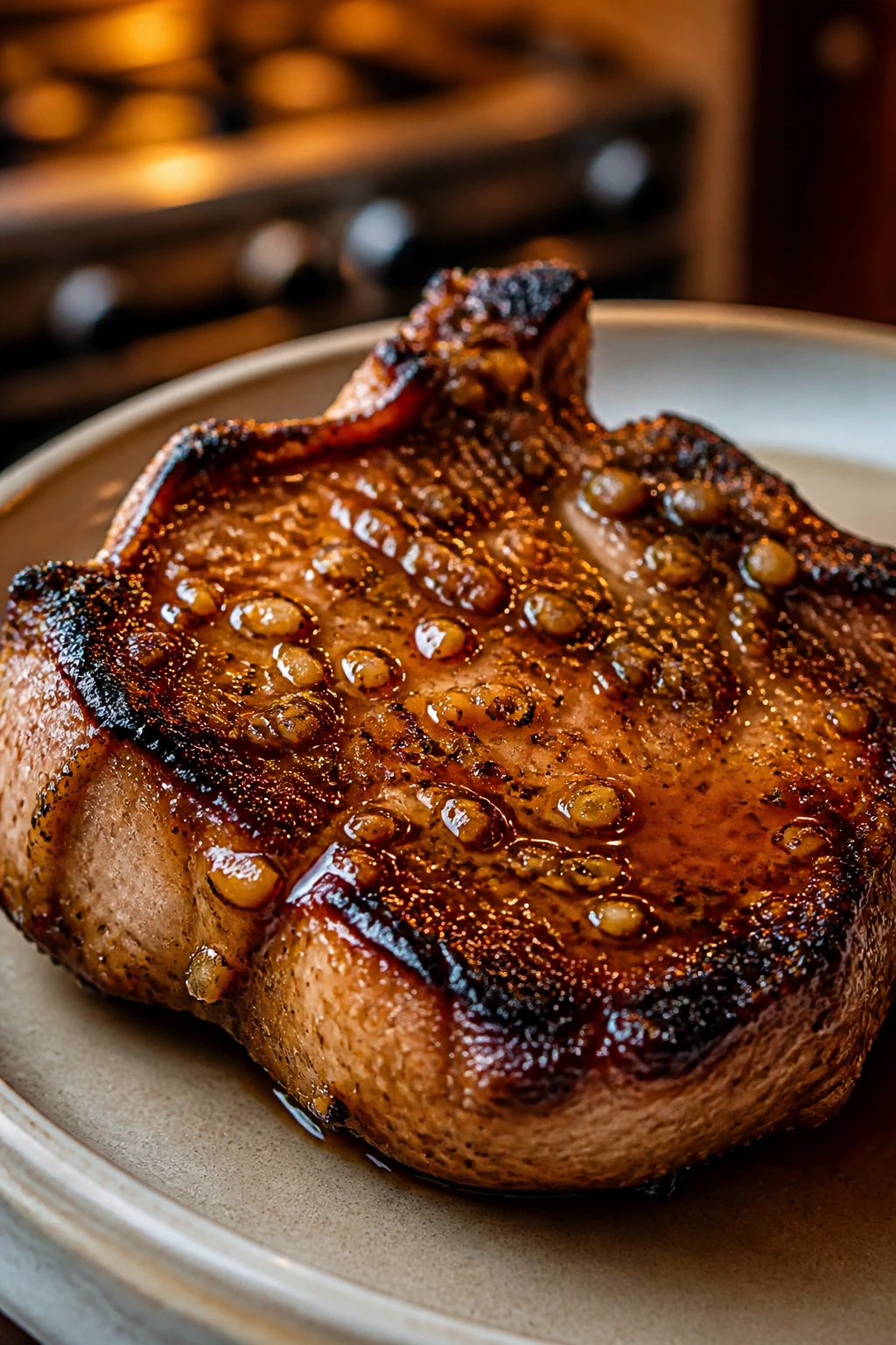 Juicy pork chop with soy garlic glaze on plate