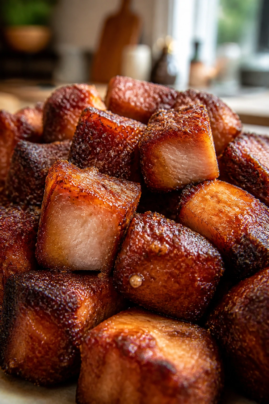 Close-up of crispy pork cubes with crackly crust in a warm kitchen